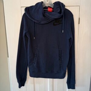 Nike Women's XS Navy Blue Funnel Neck Hoodie Sweatshirt Black Logo Drawstring